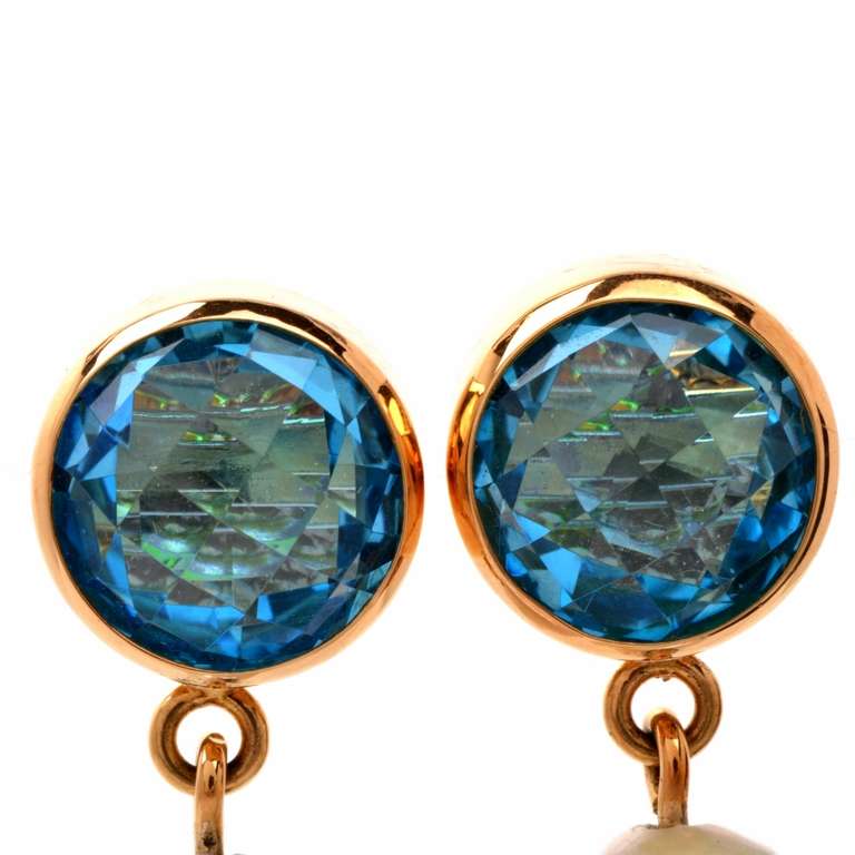 Women's Baroque Pearl Blue Topaz Diamond Gold Earrings