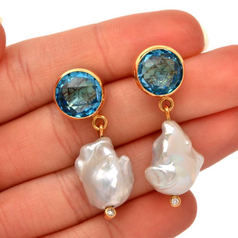 Baroque Pearl Blue Topaz Diamond Gold Earrings 1
