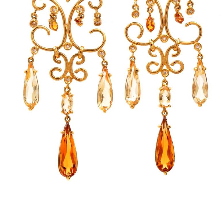 These antique style chandelier earrings with citrine and diamonds are crafted in solid 18K yellow gold, weighing approx. 12.9 grams and measuring 2.5