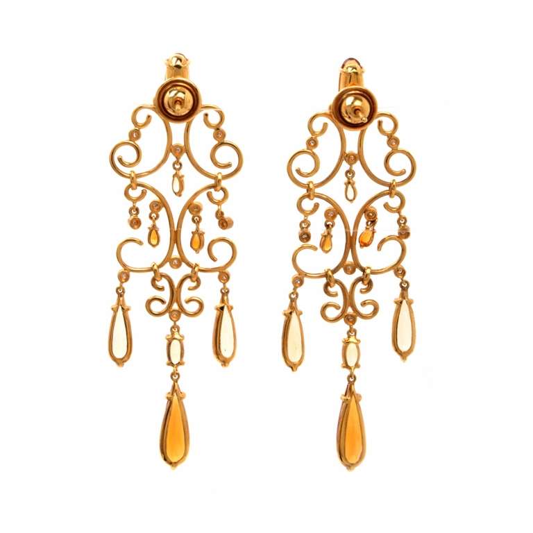 Women's Citrine Diamond Gold Chandelier Earrings