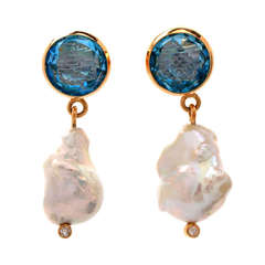 Baroque Pearl Blue Topaz Diamond Gold Earrings
