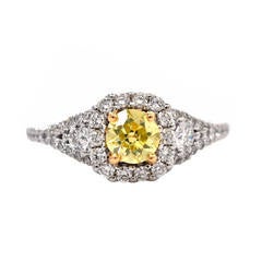 Vintage Natural Fancy Green Yellow GIA Cert Diamond Gold Engagement Ring