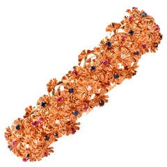 1960s  Diamond Multi-Gem Rose Gold Floral Design Bracelet