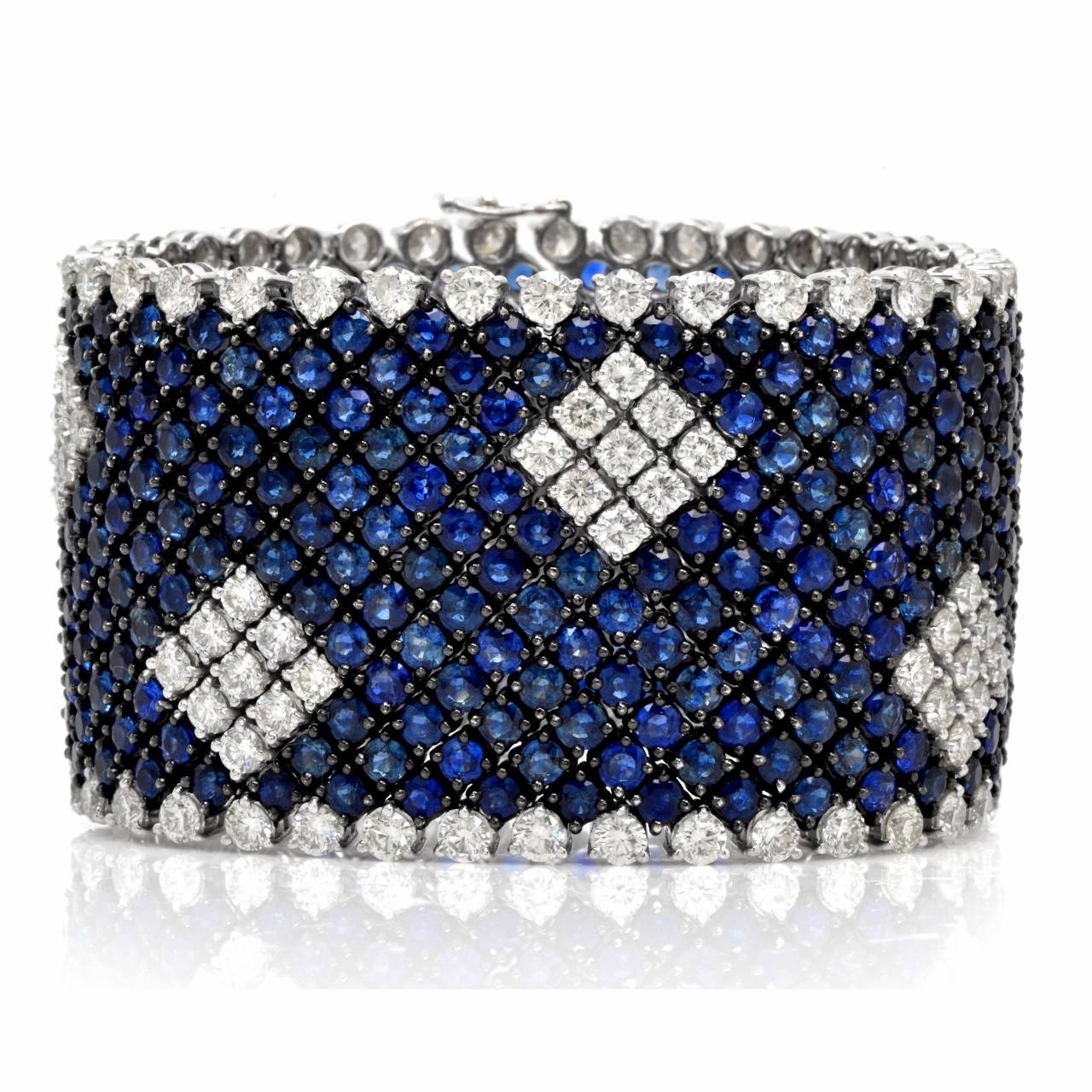 Blue Sapphire Diamond Gold Wide Bracelet
