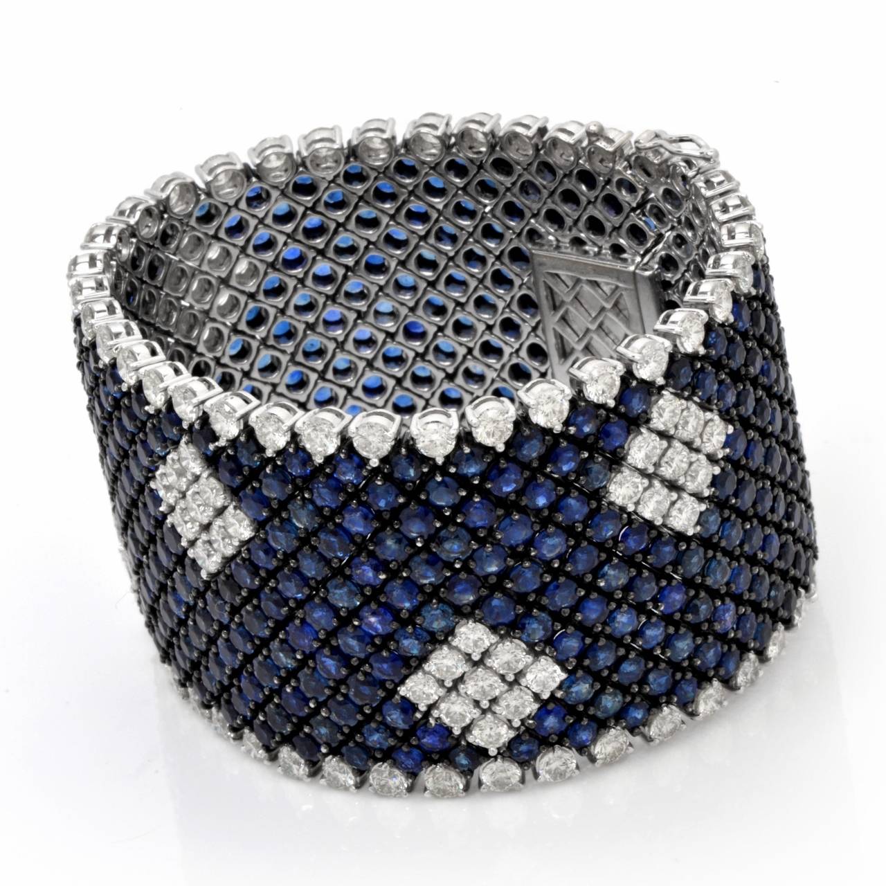 Women's Blue Sapphire Diamond Gold Wide Bracelet