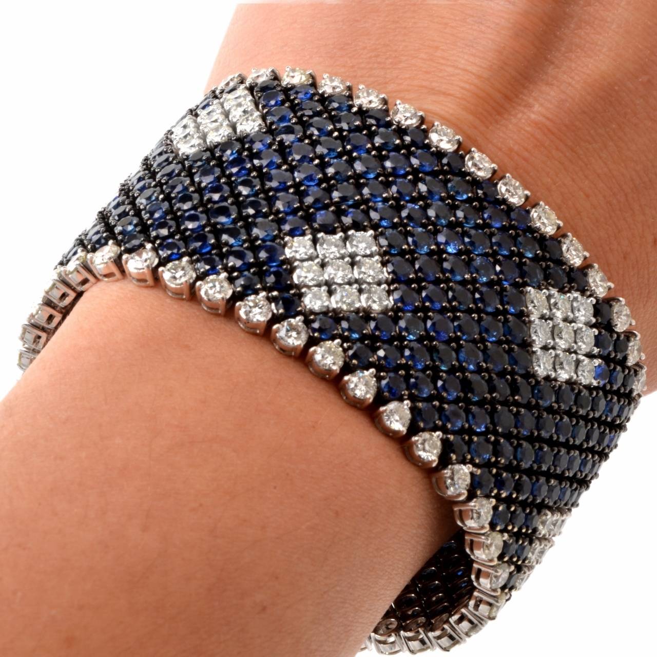 Blue Sapphire Diamond Gold Wide Bracelet 2