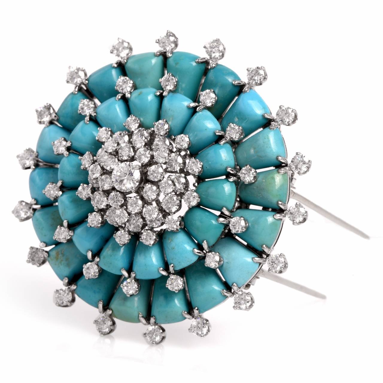 This authentic Van Cleef & Arpels diamond and turquoise lapel brooch of fascinating  aesthetic  is from 1960's vintage era,   crafted in solid platinum, weighing 31.8 grams.  This exquisite circa 1960's VCA brooch of orbicular design incorporates