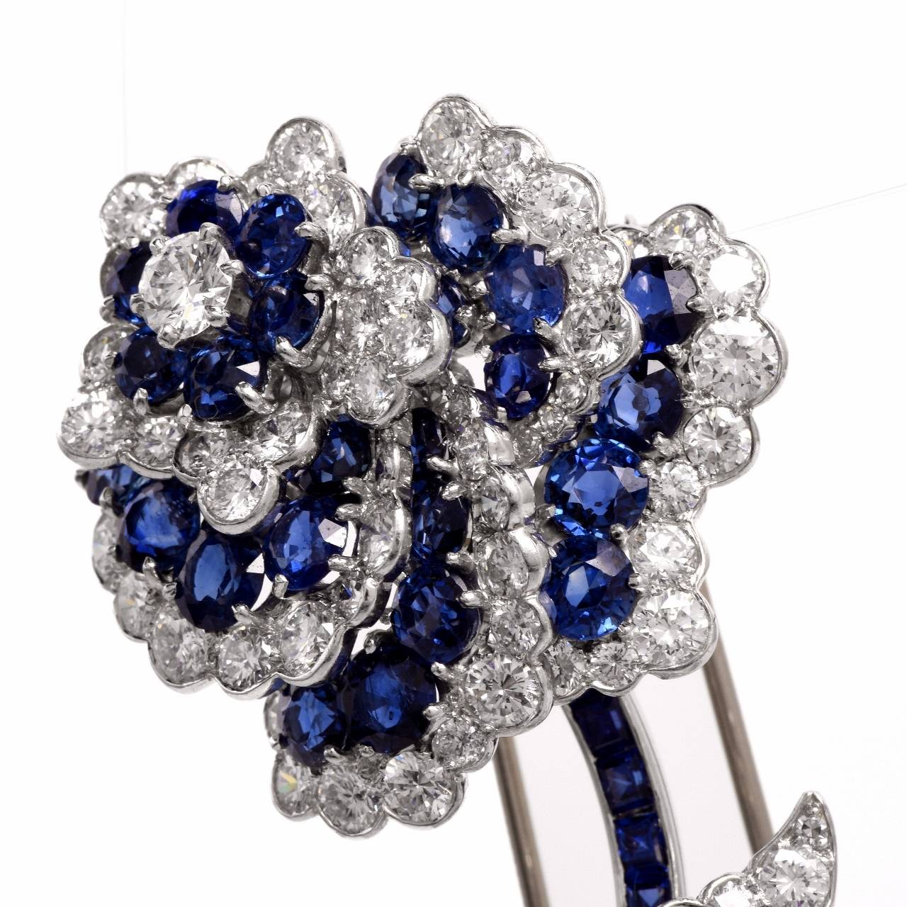 1960s Van Cleef & Arpels Diamond Sapphire Platinum Floral Brooch Pin In Excellent Condition In Miami, FL