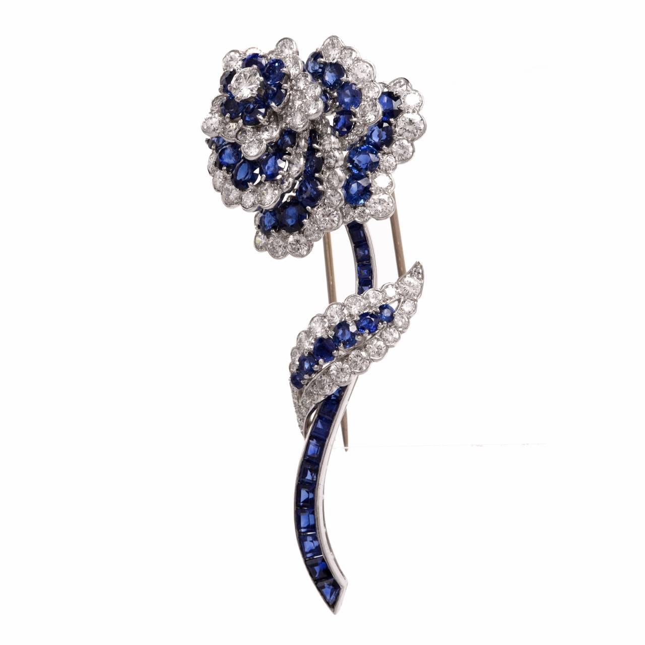 Women's 1960s Van Cleef & Arpels Diamond Sapphire Platinum Floral Brooch Pin