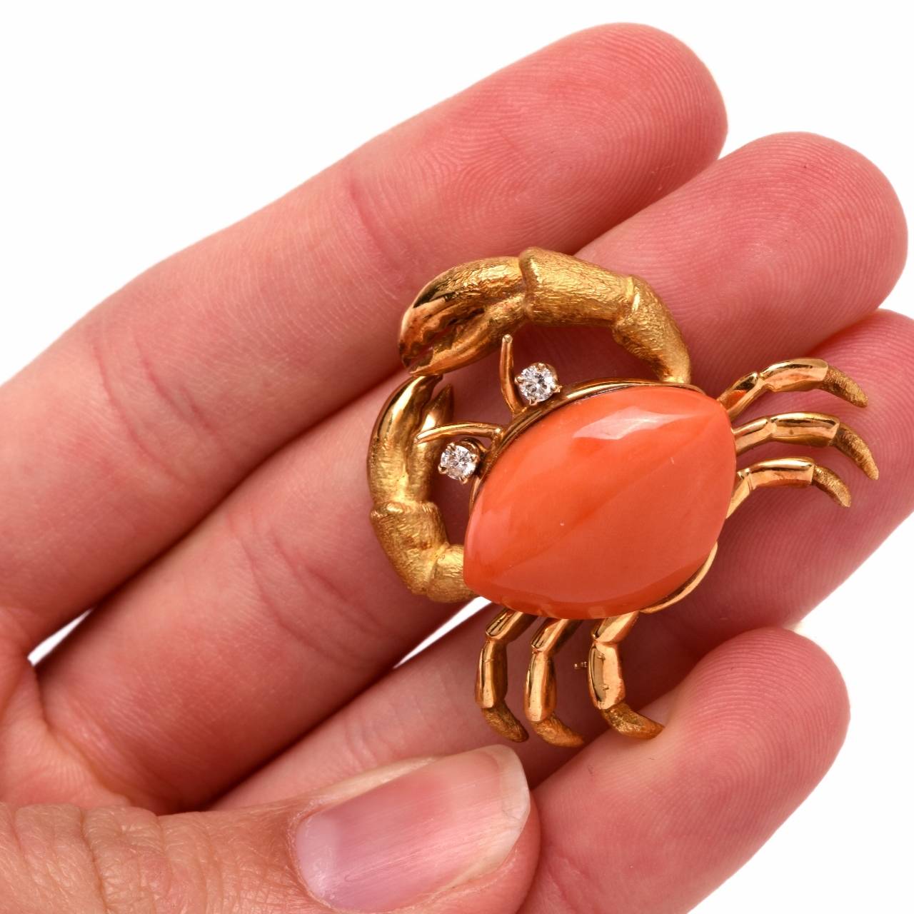 Retro Tiffany & Co. Coral Diamond Gold Crab Lapel Brooch Pin