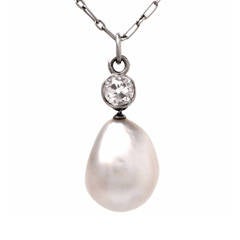 Vintage GIA Cert Natural Salt Water Pearl Diamond Platinum Pendant