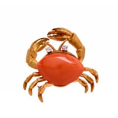 Vintage Tiffany & Co. Coral Diamond Gold Crab Lapel Brooch Pin