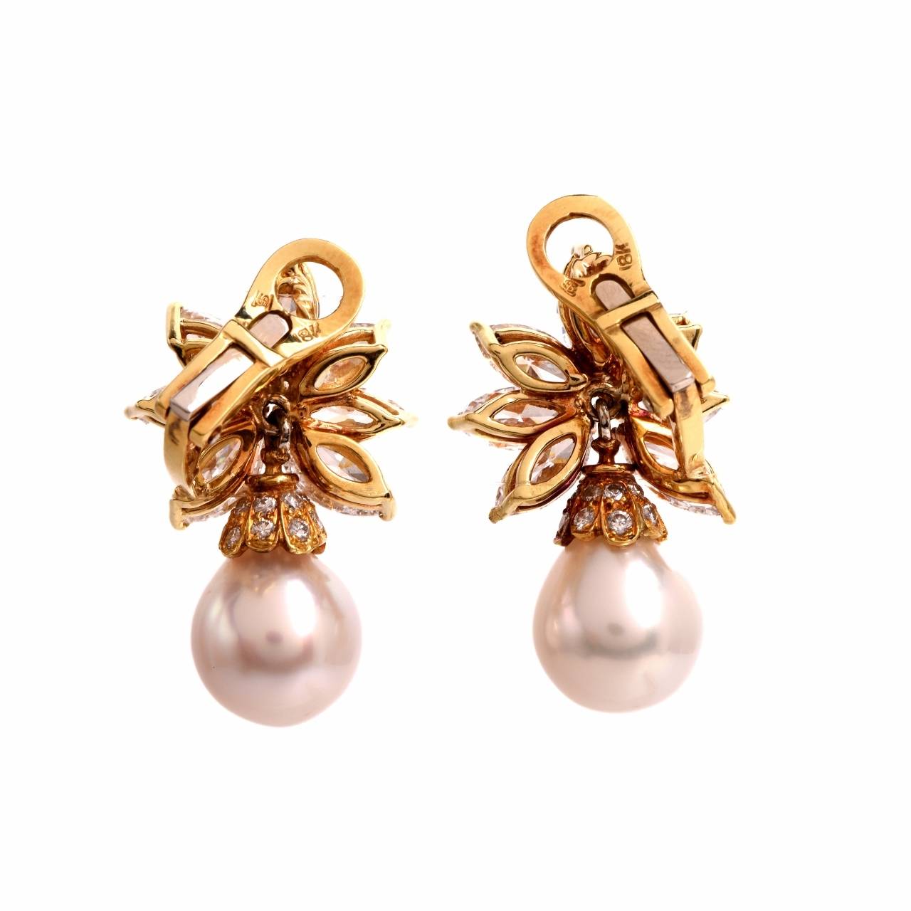 Pearl Marquise Diamond Gold Clip-on Cluster Earrings In Excellent Condition In Miami, FL