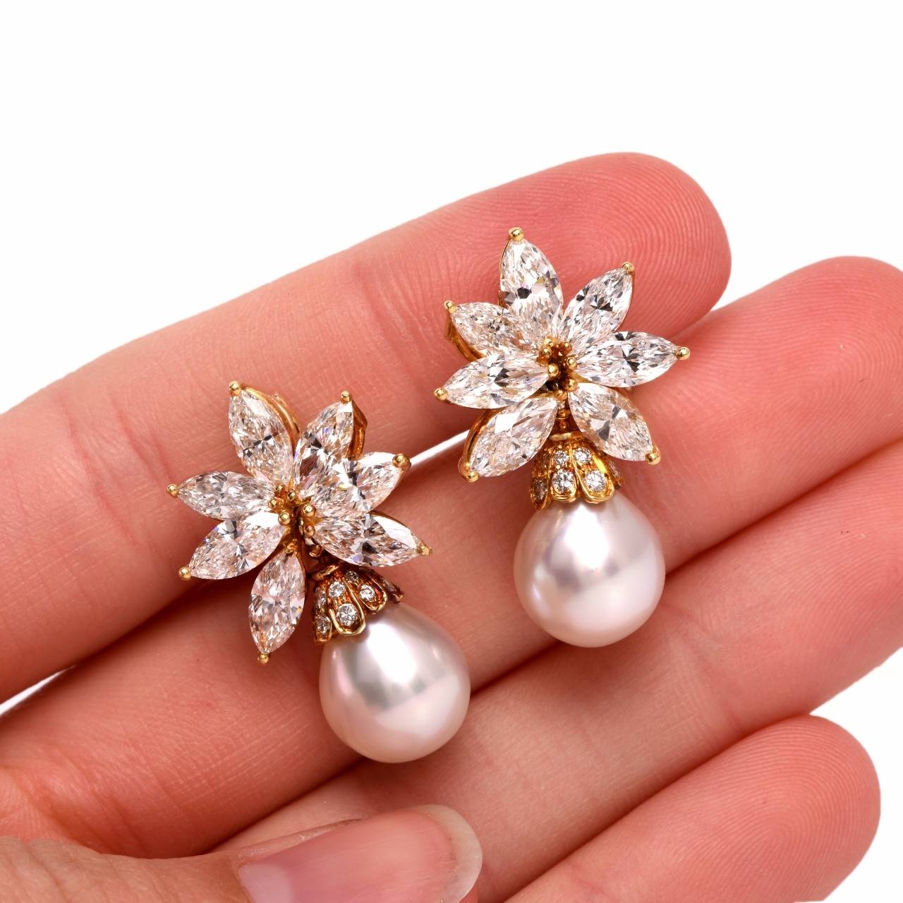 Women's Pearl Marquise Diamond Gold Clip-on Cluster Earrings