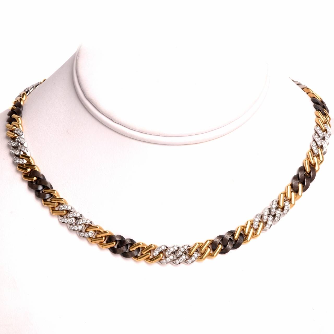 1970s Diamond Three Color Gold Fancy Link Necklace In Excellent Condition In Miami, FL