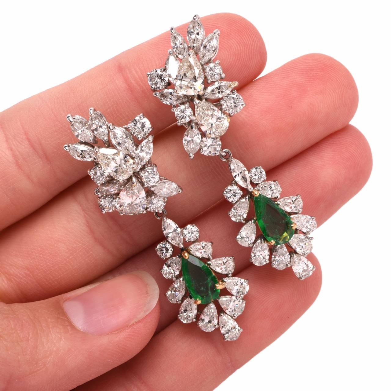 Women's Stunning Emerald Diamond Cluster Day and Night Drop Earrings