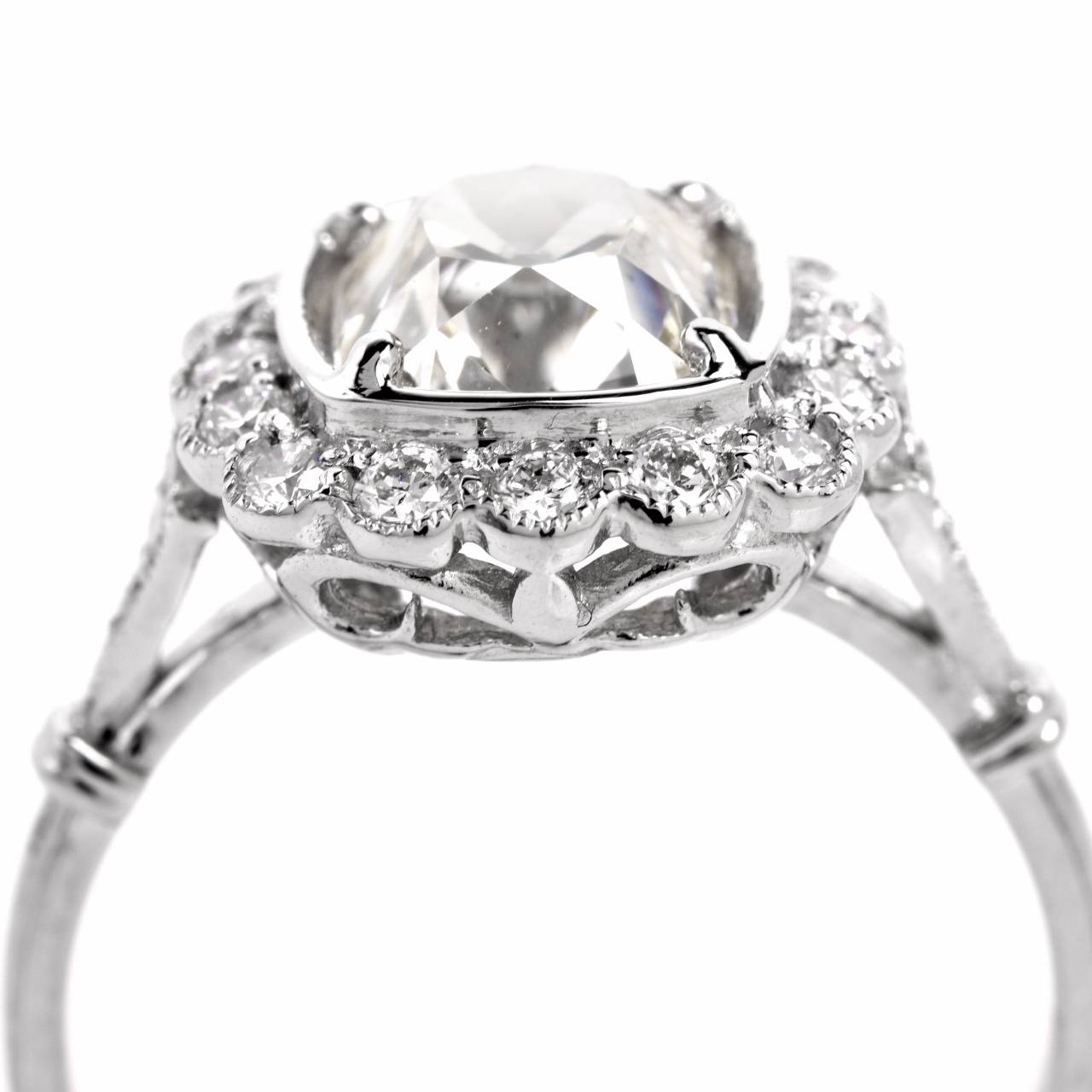 Art Deco 2.08 Carat Cushion Diamond Platinum Engagement Ring