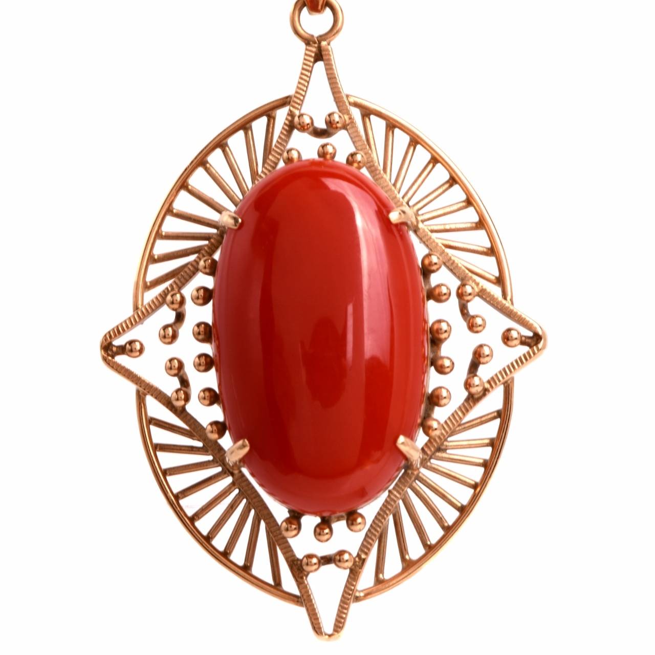 This authentic retro natural red coral  pendant epitomizing the Etruscan jewelry technique is handcrafted in 14K yellow  gold, weighs approx. 9.9  grams and measures 2