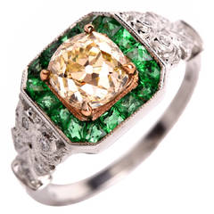 Old Mine Fancy Diamond Emerald Platinum Engagement Ring