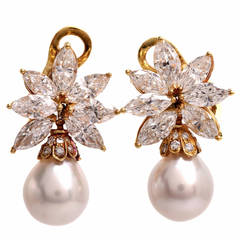 Pearl Marquise Diamond Gold Clip-on Cluster Earrings