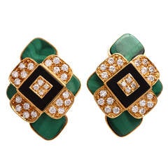 Malachite Onyx Diamond Gold Clip-On Earrings