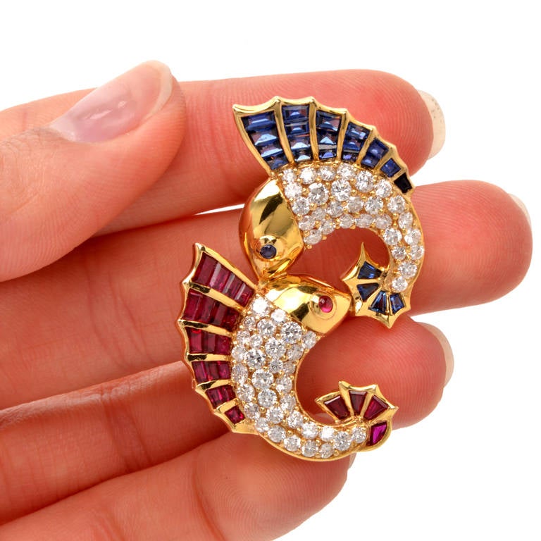 1970s Diamond Ruby Sapphire Marlin Pin 3