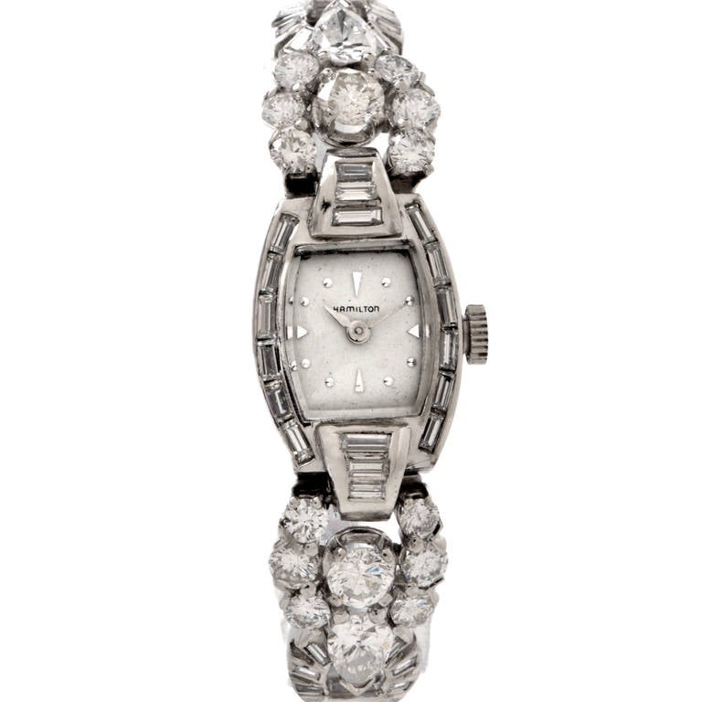 Hamilton Lady's Platinum and Diamond Bracelet Watch at 1stDibs