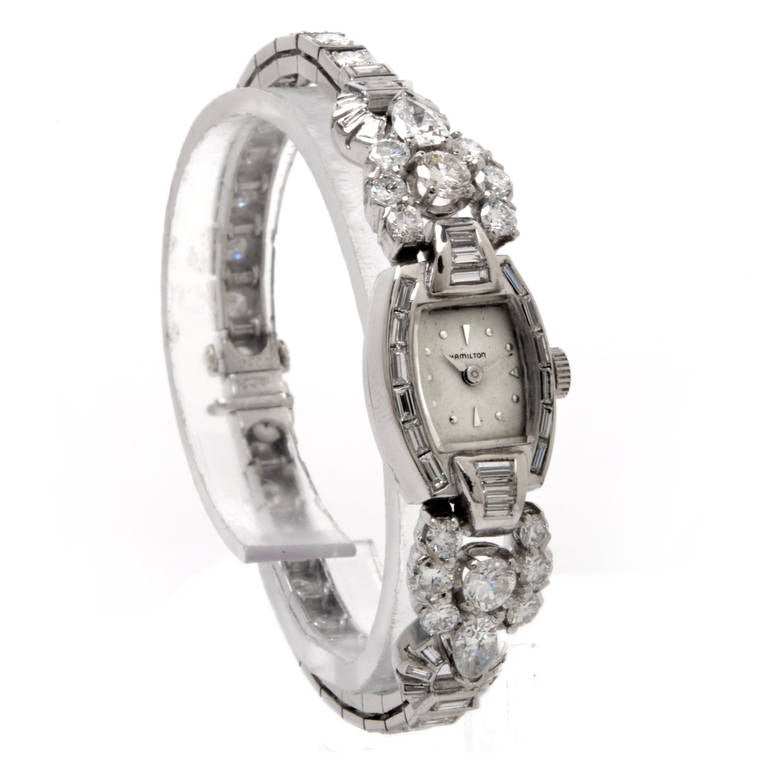 Hamilton Lady's Platinum and Diamond Bracelet Watch In Excellent Condition In Miami, FL