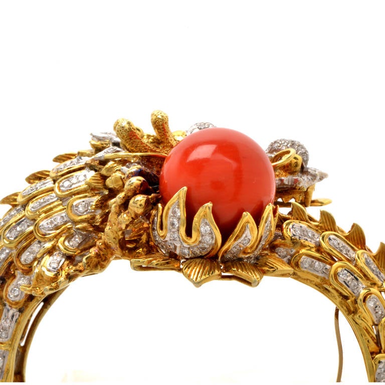 Women's Coral Diamond Gold Dragon Head Bangle Bracelet
