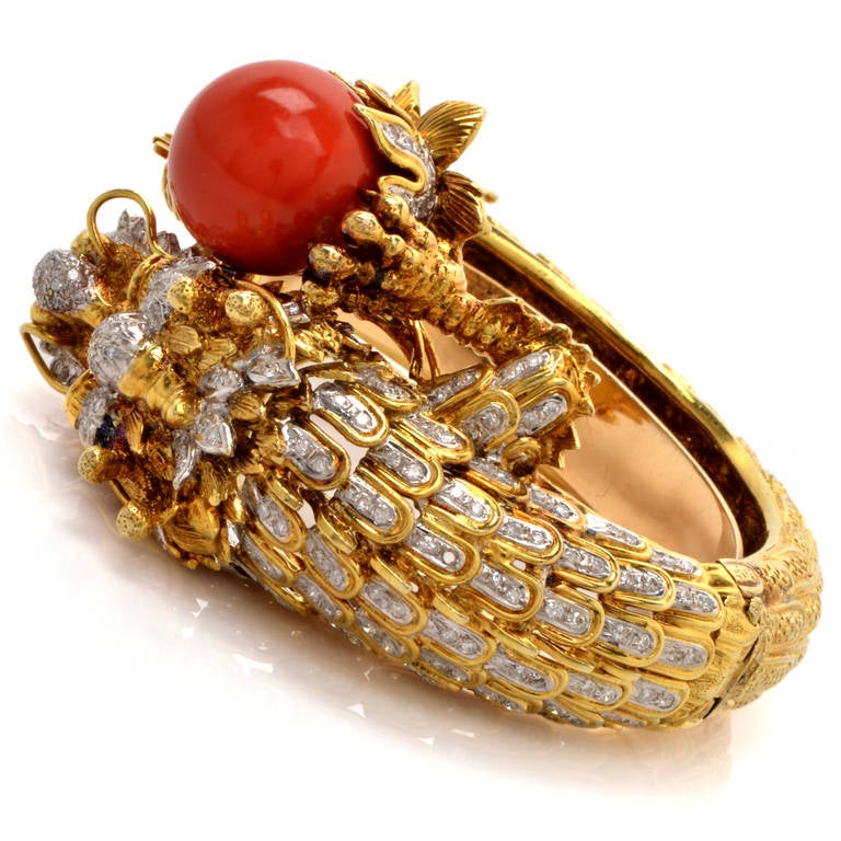 Coral Diamond Gold Dragon Head Bangle Bracelet 1