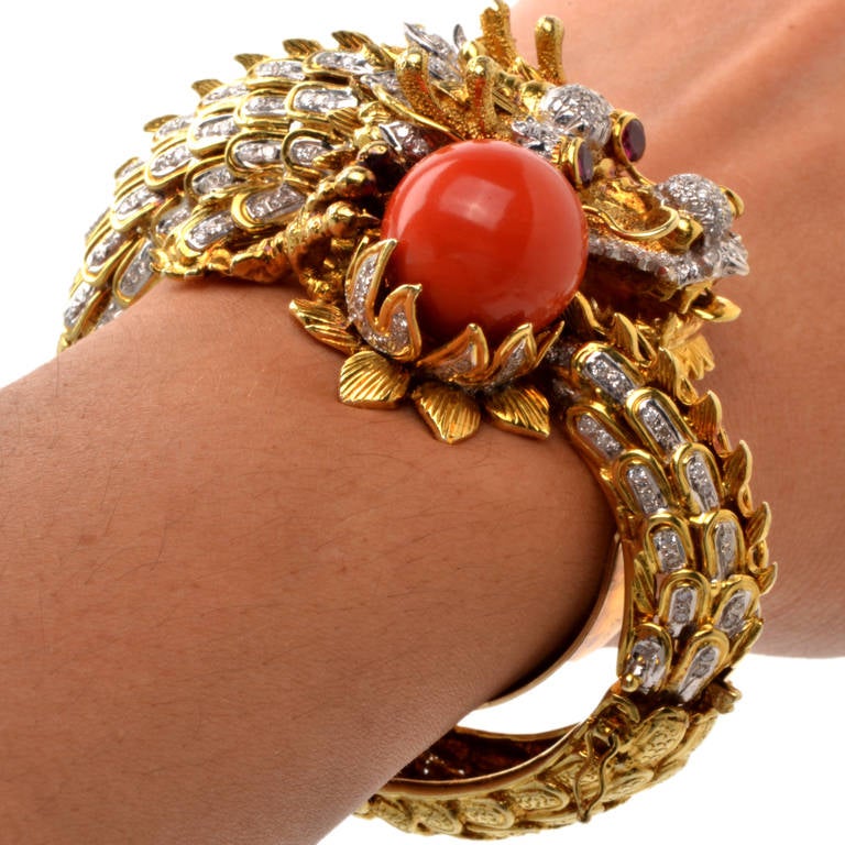 Coral Diamond Gold Dragon Head Bangle Bracelet 3
