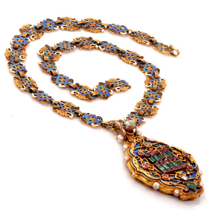 Rare Victorian Holbeinesque Gem Set Enamel Gold Pendant Locket Necklace 1