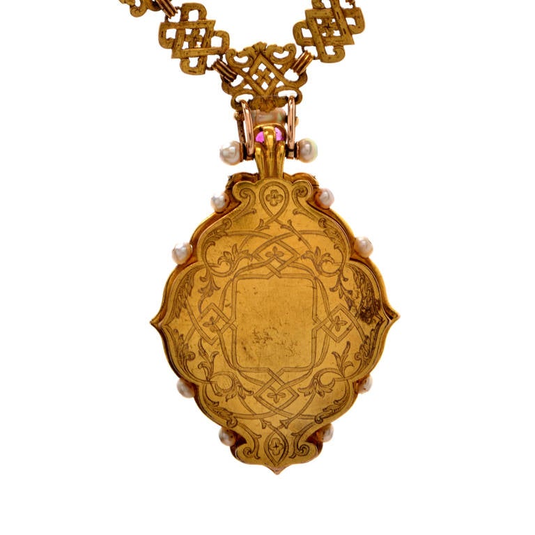 Rare Victorian Holbeinesque Gem Set Enamel Gold Pendant Locket Necklace In Excellent Condition In Miami, FL