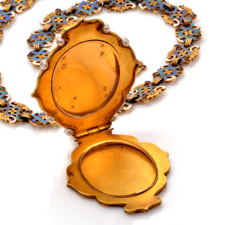 Women's Rare Victorian Holbeinesque Gem Set Enamel Gold Pendant Locket Necklace