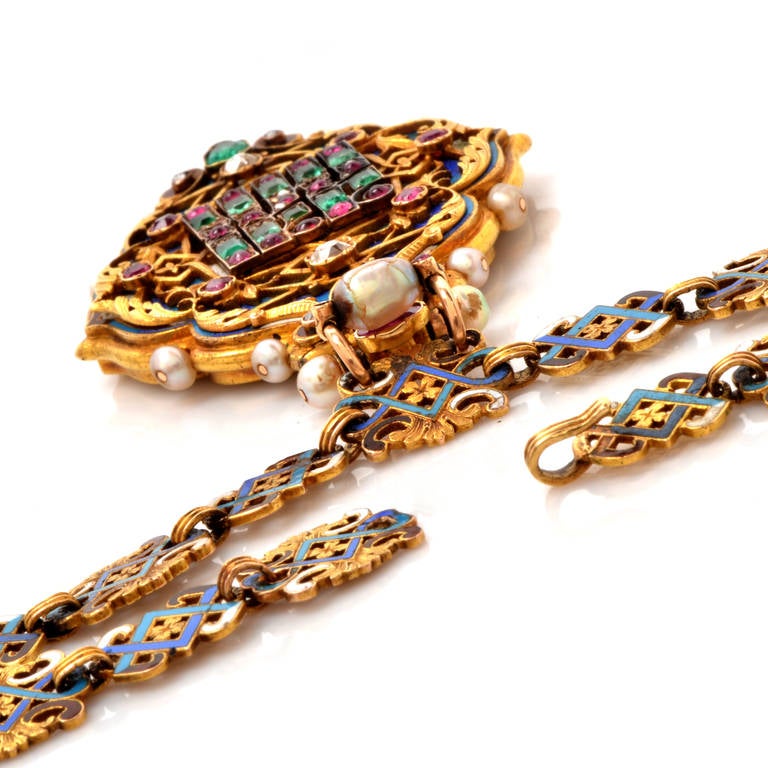Rare Victorian Holbeinesque Gem Set Enamel Gold Pendant Locket Necklace 2