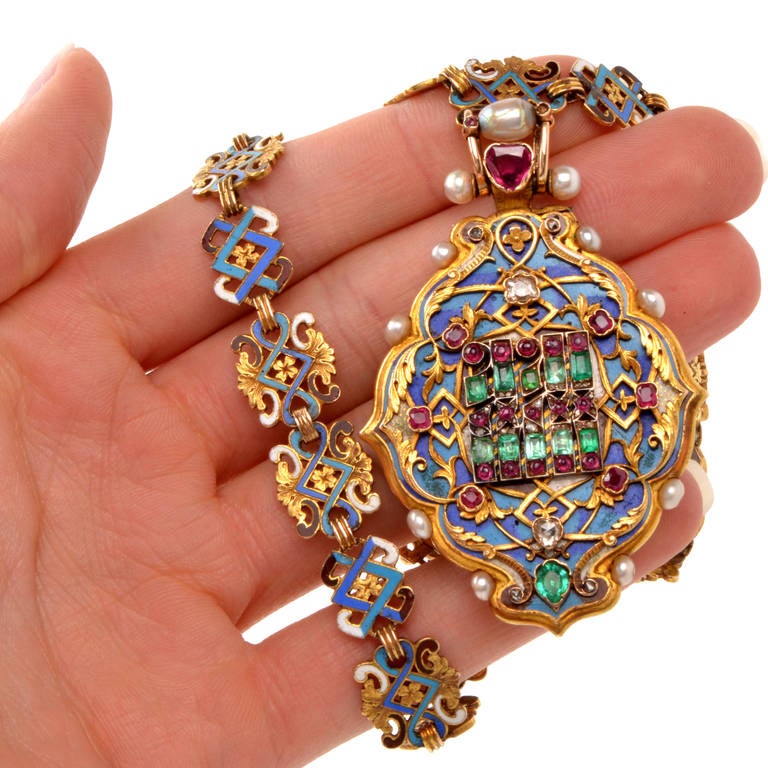 Rare Victorian Holbeinesque Gem Set Enamel Gold Pendant Locket Necklace 3