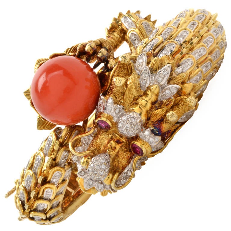 Coral Diamond Gold Dragon Head Bangle Bracelet