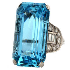 Antique Art Deco GIA Certified Aquamarine Diamond Platinum Cocktail Ring
