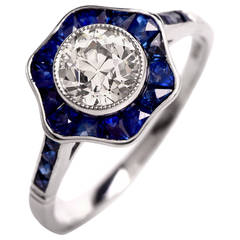 French Sapphire Diamond Platinum Engagment Ring