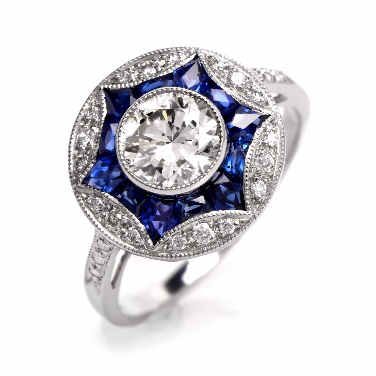 Art Deco French Sapphire Diamond Platinum engagement RIng