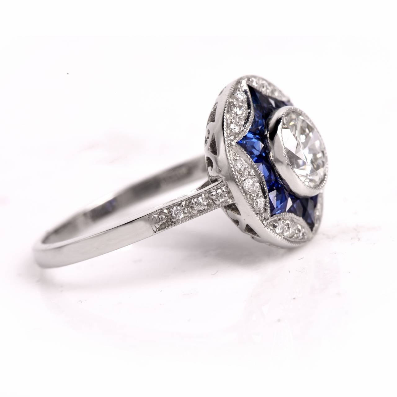 Women's French Sapphire Diamond Platinum engagement RIng