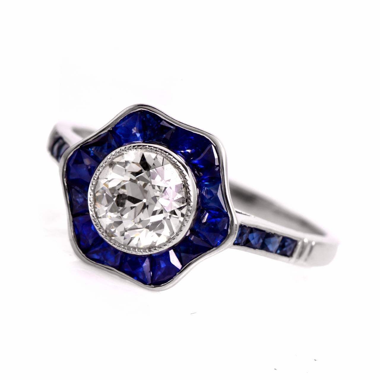 French Sapphire Diamond Platinum Engagment Ring