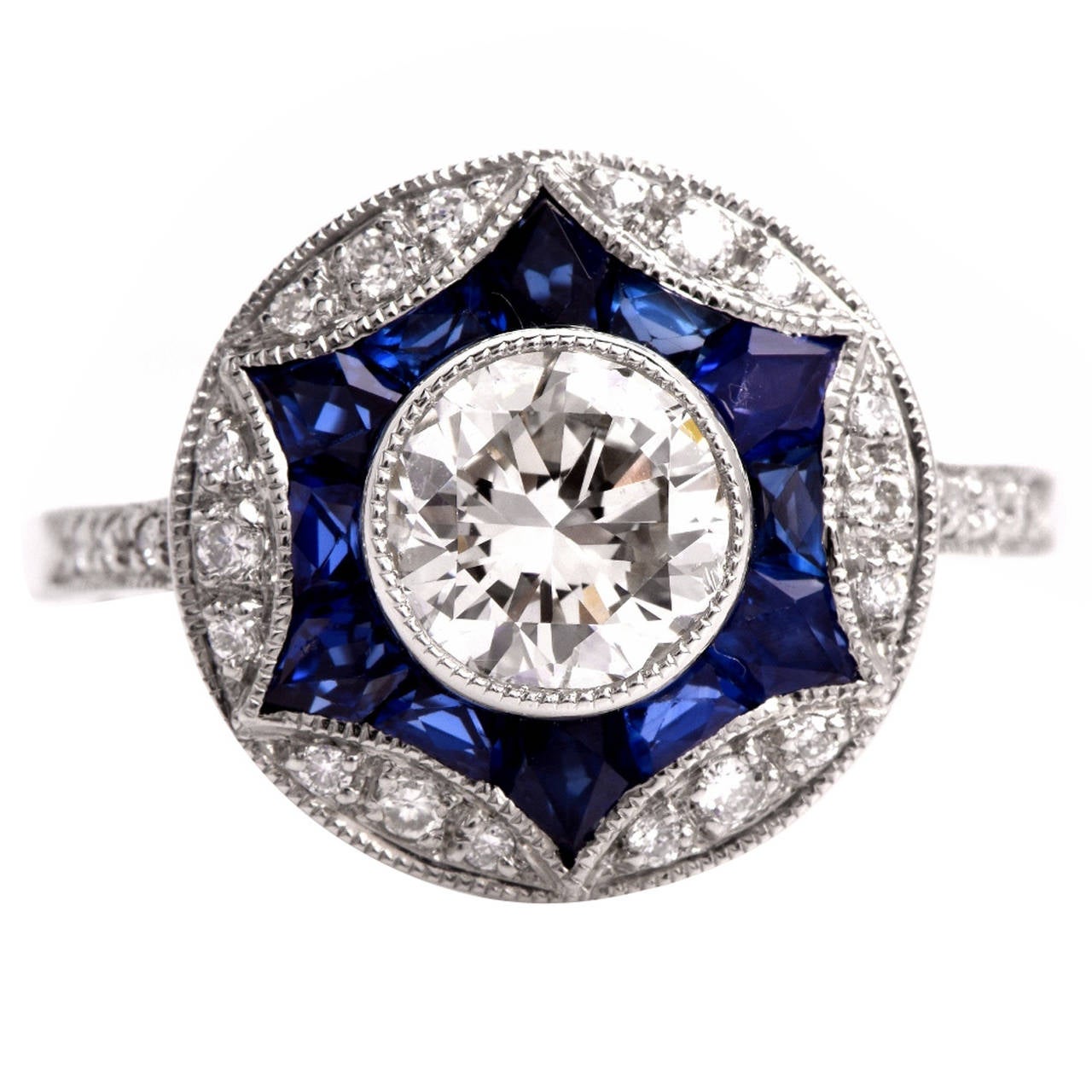 French Sapphire Diamond Platinum engagement RIng