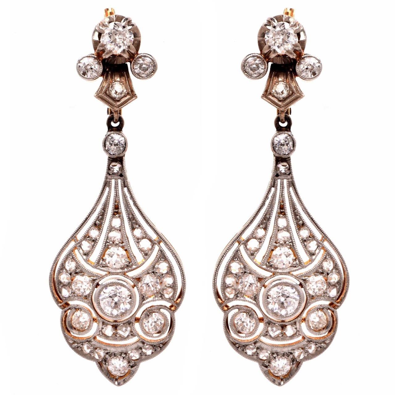 Antique Diamond Gold Platinum Filigree Pendant Earrings at 1stDibs