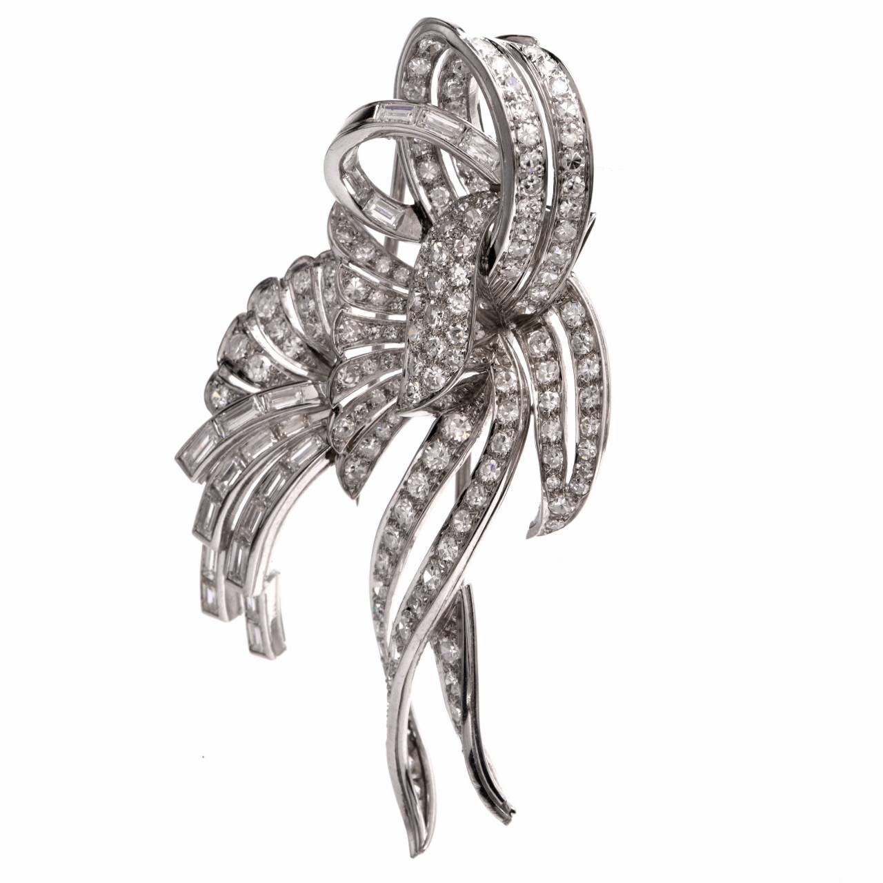 1950s Diamond Platinum Double Lapel Floral Motif Brooch Pins