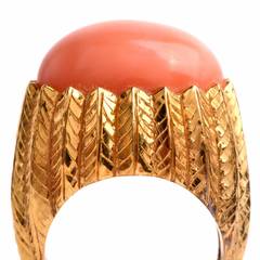 Coral Cabochon Textured Gold Ring