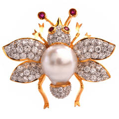 Vintage Pearl Ruby Diamond Gold Bee Brooch