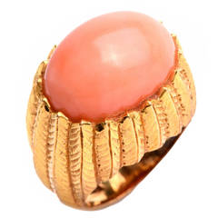 Coral Cabochon Textured Gold Ring