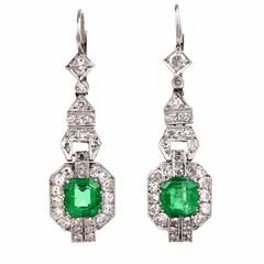 Antique Emerald Diamond Platinum Pendant Earrings