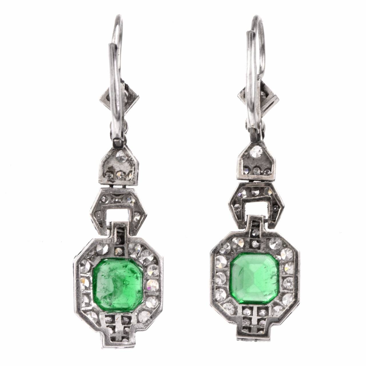Art Deco Antique Emerald Diamond Platinum Pendant Earrings